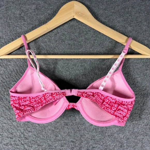 Y2K Victorias Secret PINK Logo Print Underwire Bra Pink White 34C - Picture 2 of 7